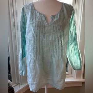 Talbots 100% linen mint green long sleeve v-neck pinstriped button cuff shirt L